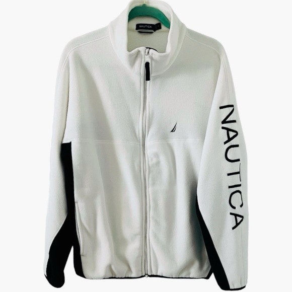 Nautica Retro Fleece Jacket Logo Spellout Colorblock Black White Men’s Medium - Picture 2 of 6